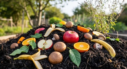 A pile of various types of organic food waste, including fruits and vegetables, used for composting in a garden setting.