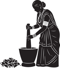 Asian Indian Village Woman Grinding Spice Icon silhouette vector black on a white background