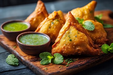 Crispy samosas with green chutney