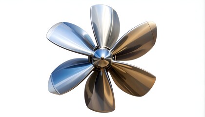 Six-blade propeller, metallic and reflective, isolated on white background
