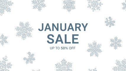 Seasonal announcement banner advertising a large january sale event featuring stylized blue snowflakes scattered across a clean white background design template