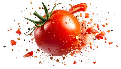 A burst of tomato and spices on a white background