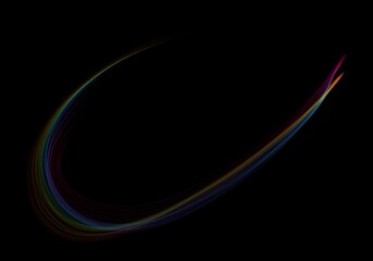 Swept Rainbow's overlay, ultra-thin arc of color racing upward in a wide diagonal swing, a single calligraphic stroke of spectral light etched swiftly across the silent black sky

