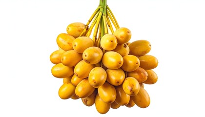 A cluster of fresh, golden yellow dates against a plain white backdrop