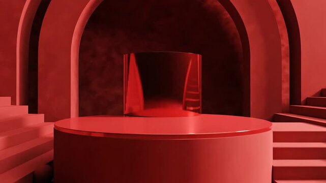 Abstract red interior design with arches staircases and spheres