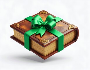 Ornate brown book gift, tied with a vibrant green ribbon, white background