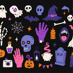 Colorful Halloween icons on black background