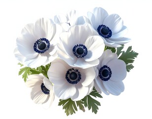 Close-up of white flowers with dark blue centers, green leaves