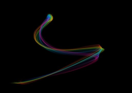 Swooping Rainbow's overlay, slender comet of color bending into a swift diagonal flourish, its bright head and tapering tail sketching a delicate gesture across the breathless digital night

