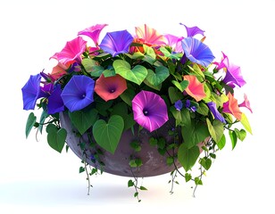 Vividly colored morning glories overflowing a rustic clay planter