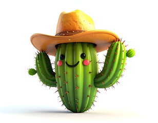 Playful cartoon cactus wearing a cowboy hat, smiling