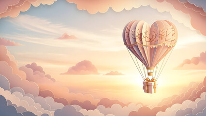 Fototapeta premium Heart shaped hot air balloon with gift box floating in soft pastel clouds at sunrise, romance, travel, dreams.