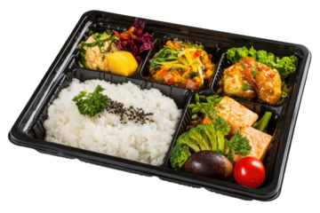 Bento box with rice, tofu, vegetables, neatly compartmentalized in a black tray