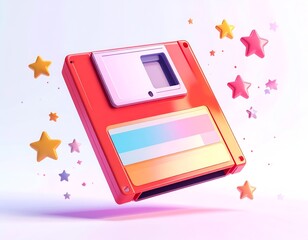 A shiny red data storage disk surrounded by colorful stars