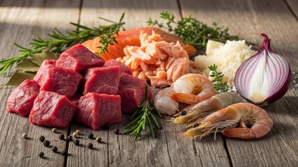 Assortment of Raw Beef Cubes, Flaked Salmon, and Shrimp on a Rustic Wooden Surface with Herbs