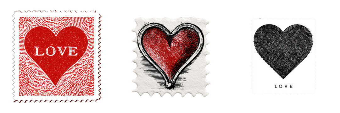 Three heart shaped postage stamps with the word love isolated on a transparent background