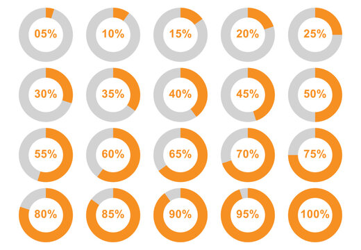 Infographic percentage loading circles orange color. percentage meter, loading indicator, countdown icons, loading circle bar icon set. 05 to 100 download process. vector illustration