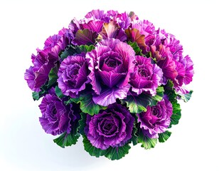 Dense cluster of purple and green ornamental cabbages, top view, isolated