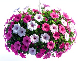 A vibrant hanging basket overflowing with pink and white petunia blooms