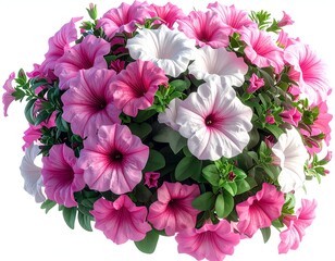 Abundant cluster of vibrant pink and white petunia flowers, lush green foliage