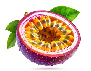 Half of a tropical fruit with seeds, leaves, and water drops