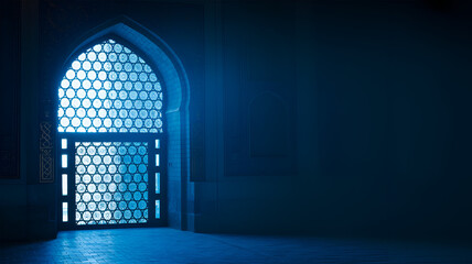 Intricate arched window with decorative lattice illuminating room