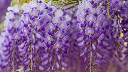 Stunning purple wisteria flowers blooming beautifully, showcasing vibrant colors and natural elegance in a spring garden setting.