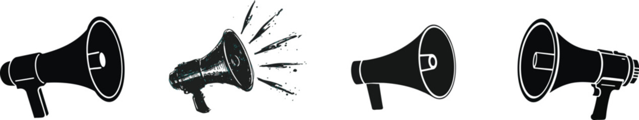 Black and White Megaphone Silhouette Vector Ideal for announcement. Symbolizes volume, public speaking, and message amplification. Isolated on White Background.