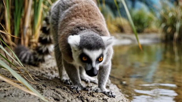 Ring-tailed lemur near water, looking at the camera, in its natural habitat.