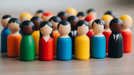 Diverse wooden people figures in colorful clothing stand on a wooden surface in a studio setting.