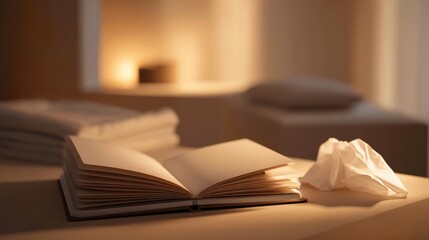 A therapy table illuminated by warm ambient light an open notebook with neatly arranged blank pages a folded