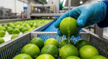 A gloved hand rinses fresh green limes on a conveyor belt in a food processing facility, highlighting hygiene and preparation for production.