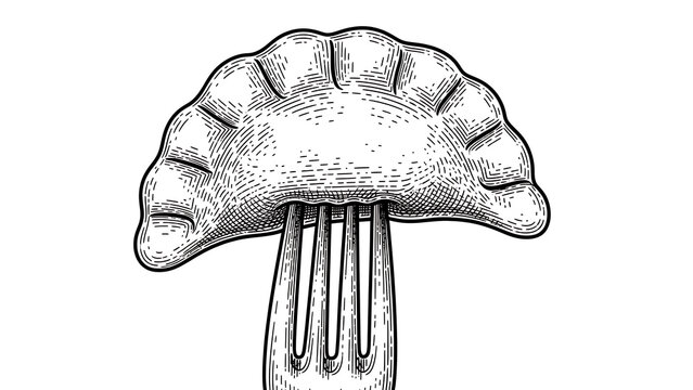 dumpling on fork color line art sketch engraving illustration T-shirt apparel print design Scratch b