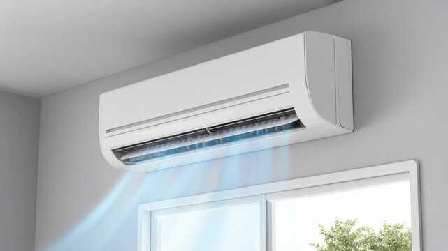 A modern white split air conditioning unit mounted on a light gray wall, blowing cool blue air.