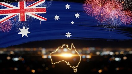 Australia Day celebration with fireworks above the Australian continent outline and city lights