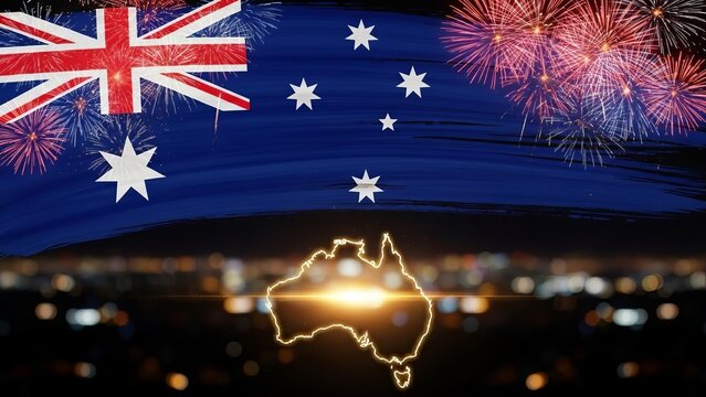 Australia Day celebration with fireworks above the Australian continent outline and city lights