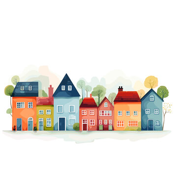 a row of colorful tiny houses. Cute hand-painted buildings in orange, blue, and red with small trees isolated on white background. Whimsical street or neighborhood design suitable for banners
