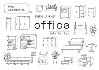 組み替えできる線画のオフィスインテリアのイラストセット
