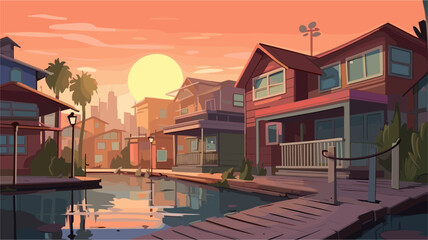 Fototapeta premium a waterfront neighborhood at sunset. Colorful wooden bungalows line a calm canal or river reflecting the warm orange sky and a large sun. A wooden boardwalk pier sits in the foreground, with palm tree