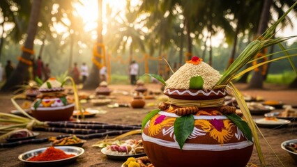 Outdoor Pongal festival setup with decorated pots and offerings
