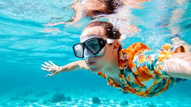 A young man in a colorful shirt is snorkeling underwater, capturing a selfie with a camera.