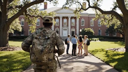Soldier in camouflage stands guard as students gather near historic university building on a sunny day