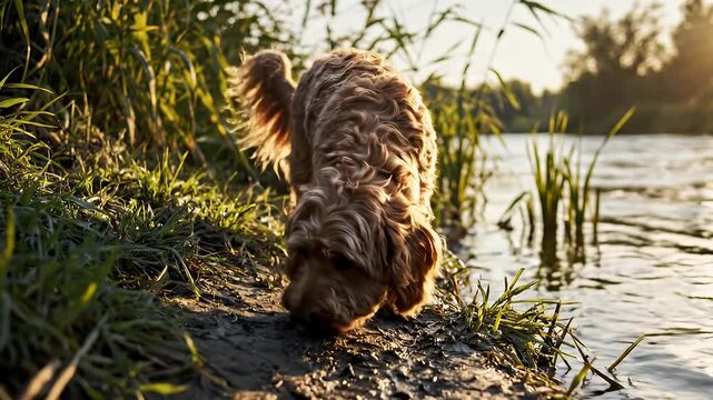 Adorable pets - Golden Retriever, Cockapoo, and Tabby Cat together in a studio.