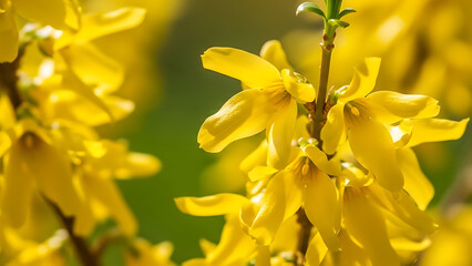 Fototapeta premium Vibrant yellow forsythia flowers blooming brightly in spring, showcasing natural beauty and fresh garden blossoms close-up.