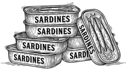 canned sardines sketch engraving vector illustration T-shirt apparel print design Scratch board imit