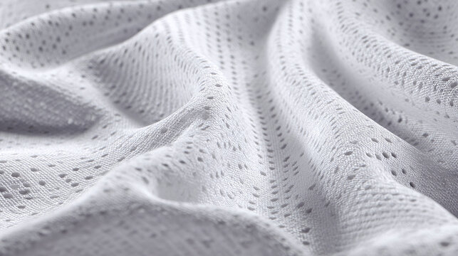 Delicate white fabric with intricate texture, showcasing graceful folds and shadows. The subtle play of light and shadow enhances the soft texture of the textile