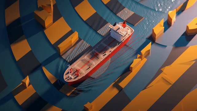 Global oil shipping risk concept, oil tanker surrounded by abstract barriers and directional lines, calm yet tense composition, clean commercial editorial style, maritime oil route tension