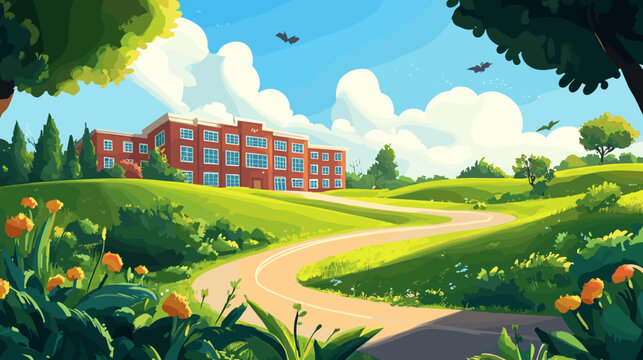 a landscape with green rolling hills. A large red brick school building or university sits on the hill, with a winding road leading up to it. Sunny blue sky with fluffy clouds and birds flying