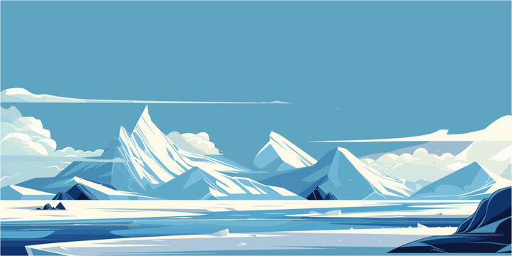 Minimalistic cartoon vector illustration of a panoramic arctic landscape. Snowy sharp mountains, frozen ice fields, and a calm blue sky with a faint moon. Cold winter nature background with clean line