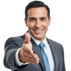 Smiling businessman reaching out handshake gesture welcome greeting professional portrait isolated on transparent background
